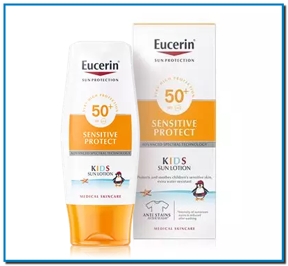 Eucerin Kids Sun Lotion Sensitive Protect FPS 50+ protector solar loción niños calma piel sensible y la protege de quemaduras solares - FARMACIA CENTRAL