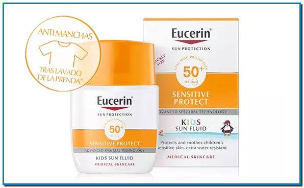 Eucerin Sun Kids Fluid Sensitive Protect FPS 50+ Pocket Size Un protector solar avanzado para niños en un práctico pack de tamaño bolsillo. Calma y protege la piel sensible