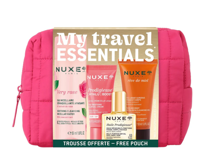 Disfruta de una placentera sesión de belleza y de experiencias sensoriales inolvidables con este Set de Viaje Nuxe. Una rutina sensorial para rostro y cuerpo en cuatro pasos: - Very Rose, Agua Micelar Desmaquillante – 50 ml - Prodigieuse® [Hyalu] Boost, Gel-Crema Alisante Iluminadora – 15 ml - Huile Prodigieuse® – 10 ml - Rêve de Miel Gel Limpiador Dermatológico para Rostro y Cuerpo – 30 ml Tratamientos formulados y fabricados en Francia. Neceser fabricado con materiales reciclados: 100 % poliéster reciclado Precio de oferta Disfruta de una placentera sesión de belleza y de experiencias sensoriales inolvidables con este Set de Viaje Nuxe. Una rutina sensorial para rostro y cuerpo en cuatro pasos: - Very Rose, Agua Micelar Desmaquillante – 50 ml - Prodigieuse® [Hyalu] Boost, Gel-Crema Alisante Iluminadora – 15 ml - Huile Prodigieuse® – 10 ml - Rêve de Miel Gel Limpiador Dermatológico para Rostro y Cuerpo – 30 ml Tratamientos formulados y fabricados en Francia. Neceser fabricado con materiales reciclados: 100 % poliéster reciclado. Dimensiones: 18 x 12 x 8 cm Very Rose, Agua Micelar Calmante: Por la mañana y por la noche, limpiar delicadamente todo el rostro y el contorno de ojos con un disco impregnado de agua micelar. No es necesario aclarar. Prodigieuse® [Hyalu] Boost, Gel-Crema Alisante Iluminadora: Tomar una generosa cantidad de gel-crema después de aplicar el sérum Nuxe y calentar entre las manos. Aplicar en el rostro con la palma de ambas manos, siempre desde el centro hacia el exterior (evitando el contorno de ojos). Extender por el cuello y el escote. Masajear hasta que el gel-crema se absorba por completo. Finalizar con ligeros toquecitos con las yemas de los dedos sobre todo el rostro para despertar la luminosidad de la tez. Huile Prodigieuse® Utilizar durante todo el año, invierno y verano, en el rostro, el cuerpo y el cabello. En el rostro, usar solo o mezclando unas gotas en la palma de la mano con la crema NUXE. Aplicar mediante suaves movimientos desde el centro hacia los contornos del rostro. En el cuerpo, aplicar mediante movimientos circulares (busto, piernas, etc.), insistiendo en las zonas más secas y/o propensas a las estrías. En el cabello, aplicar en largos y las puntas tantas veces como sea necesario. Para un efecto acondicionador intenso, aplicar una o dos veces por semana como mascarilla en todo el cabello, dejando actuar durante 10 minutos antes de lavar con champú. Rêve de Miel, Gel Limpiador Dermatológico para Rostro y Cuerpo: Por la mañana y/o por la noche, masajear una cantidad de gel de ducha equivalente a una fresa sobre la piel húmeda. Disfrutar de su textura fundente y su deliciosa espuma y, a continuación, aclarar. En caso de contacto con los ojos, aclarar con agua. Very Rose, Agua Micelar Calmante con agua floral de rosas, complejo Skin-Respect 100 % de origen vegetal y agentes limpiadores micelares. Prodigieuse® [Hyalu] Boost, Gel-Crema Alisante Iluminadora. En el corazón de su fórmula ultrapotente, un dúo experto de hidratación multimolecular: Ácido hialurónico de bajo peso molecular: Obtenido mediante biotecnología, penetra en la piel para hidratar las capas de la epidermis y mejorar su elasticidad. Ácido poliglutámico de alto peso molecular: Actúa en la superficie como un superhidratante: este activo puede retener hasta 5.000 veces su peso en agua, formando una película protectora que previene la deshidratación de la piel. Extracto de ginseng fermentado: Mejora la luminosidad de la piel. Huile Prodigieuse® Con 7 aceites preciosos 100 % de origen vegetal: Aceite de Tsubaki, Aceite de Argán, Aceite de Macadamia, Aceite de Borraja, Aceite de Camelia, Aceite de Avellana y Aceite de Almendra Dulce. Fragancia sensual con notas de Flor de Azahar, Magnolia y Vainilla. Rêve de Miel, Gel Limpiador Dermatológico para Rostro y Cuerpo Una base limpiadora de origen vegetal (con Girasol y Coco) con la suavidad de la Miel. Las listas de ingredientes utilizados en la composición de los productos de nuestra marca se actualizan periódicamente. Antes de utilizar un producto de nuestra marca, le invitamos a leer la lista de ingredientes en su empaque para asegurarse de que sean adecuados para su uso personal.
